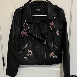 Urban Retro Floral Embroidered Faux Leather Jacket